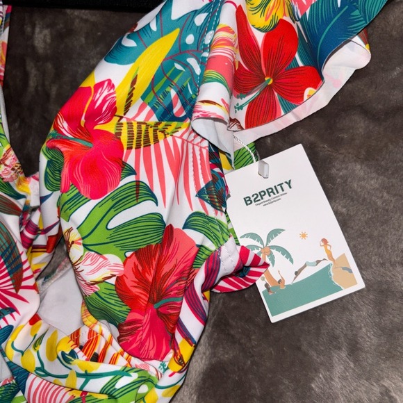 B2prity Cutout One Piece Swimsuit Womens Multicolor Floral Summer Ruffle V-Neck - Picture 3 of 7